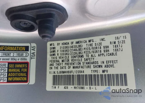 2015 Honda Cr-V Touring from USA, damaged, VIN 5J6RM4H98FL120944